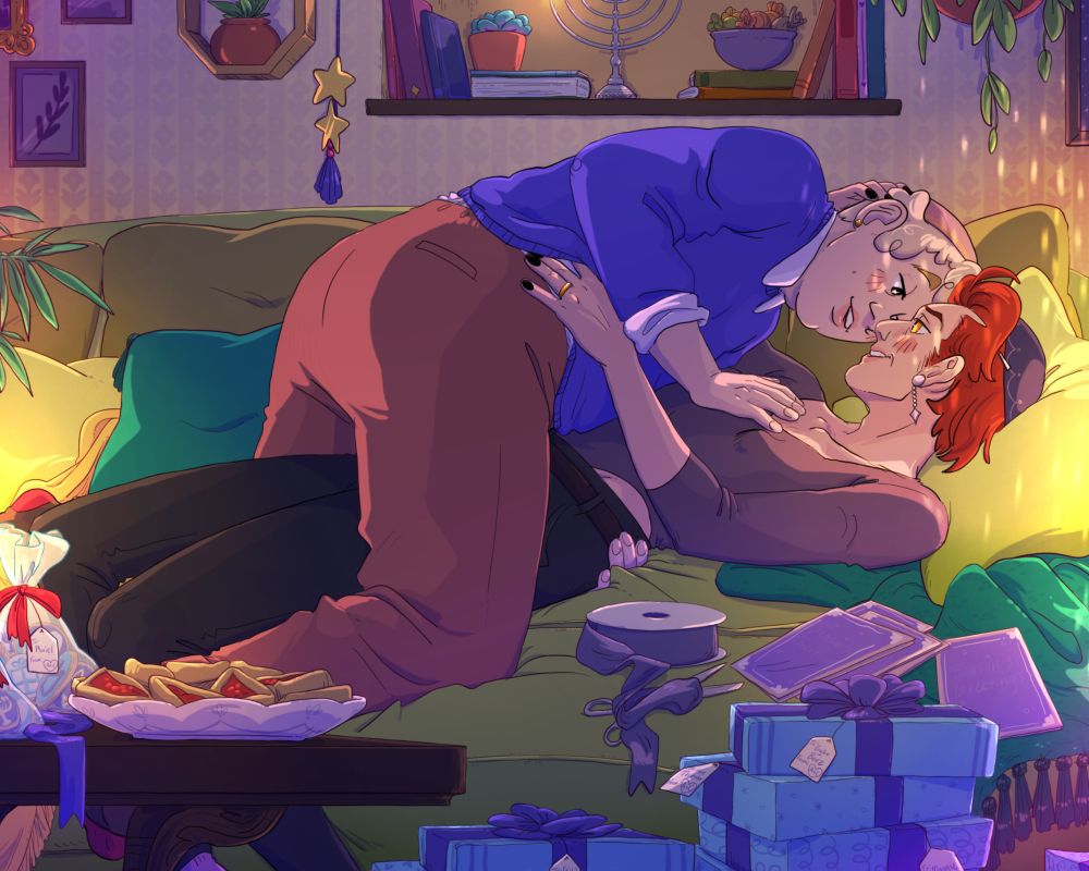 Aziraphale and Crowley are celebrating Hanukkah. They're both wearing kippahs, and there's a partially lit menorah on the shelf behind them. They've finished their holiday baking, and are surrounded by packages with treats for all their friends. Aziraphale has pushed Crowley back onto their sofa, and is running his hand up Crowley's chest, as he straddles Crowley's legs. They're looking forward to a cozy, quiet evening now that the work is done. 