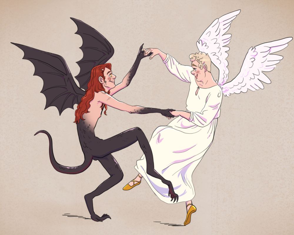 Aziraphale and Crowley are dancing. They have their wings out, with Aziraphale's being his normal wings, and Crowley's looking more like bat wings. Crowley is half-transformed, with his human head, but his limbs turning scaly and clawed, and he also has a tail. he is nude, while Aziraphale is dressed in a white gown with pretty gold shoes. They're holding hands as they dance and spin, and are having great fun.