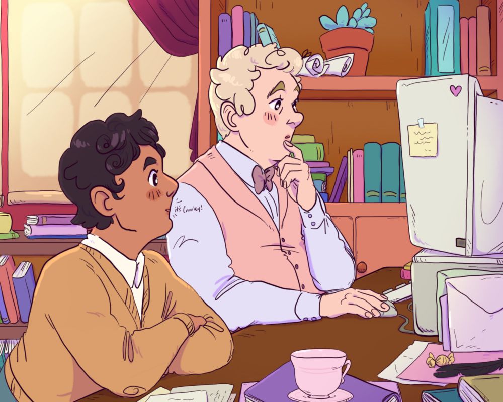 Aziraphale and Muriel are at Aziraphale's desk, looking at the computer screen shown in the previous image. Aziraphale forgot that was his start-up screen, and Muriel is happy to see Crowley. It's based on a Simpsons gag featuring Lisa and Smithers.