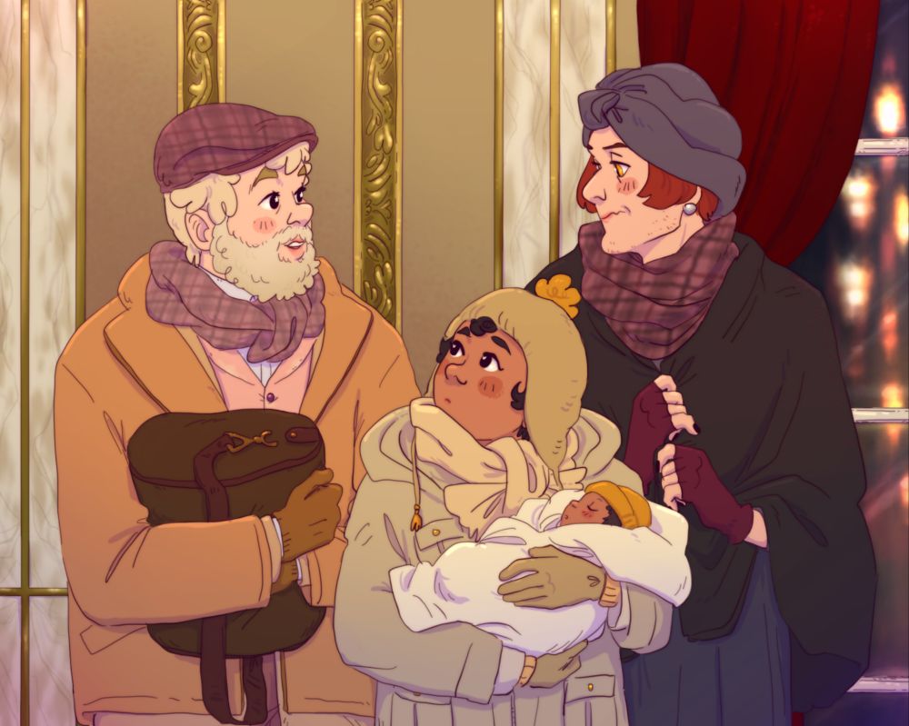 Aziraphale, Muriel, and Crowley are in an homage to Tokyo Godfathers. They're standing together in a fancy lobby, and are all dressed against the cold, wearing coats, hats, scarves, and gloves. Aziraphale has a beard, and is holding a duffel bag, and Muriel is holding a tiny baby bundled up in a plush blanket. They're discussing what to do next. This one was drawn back in 2023.