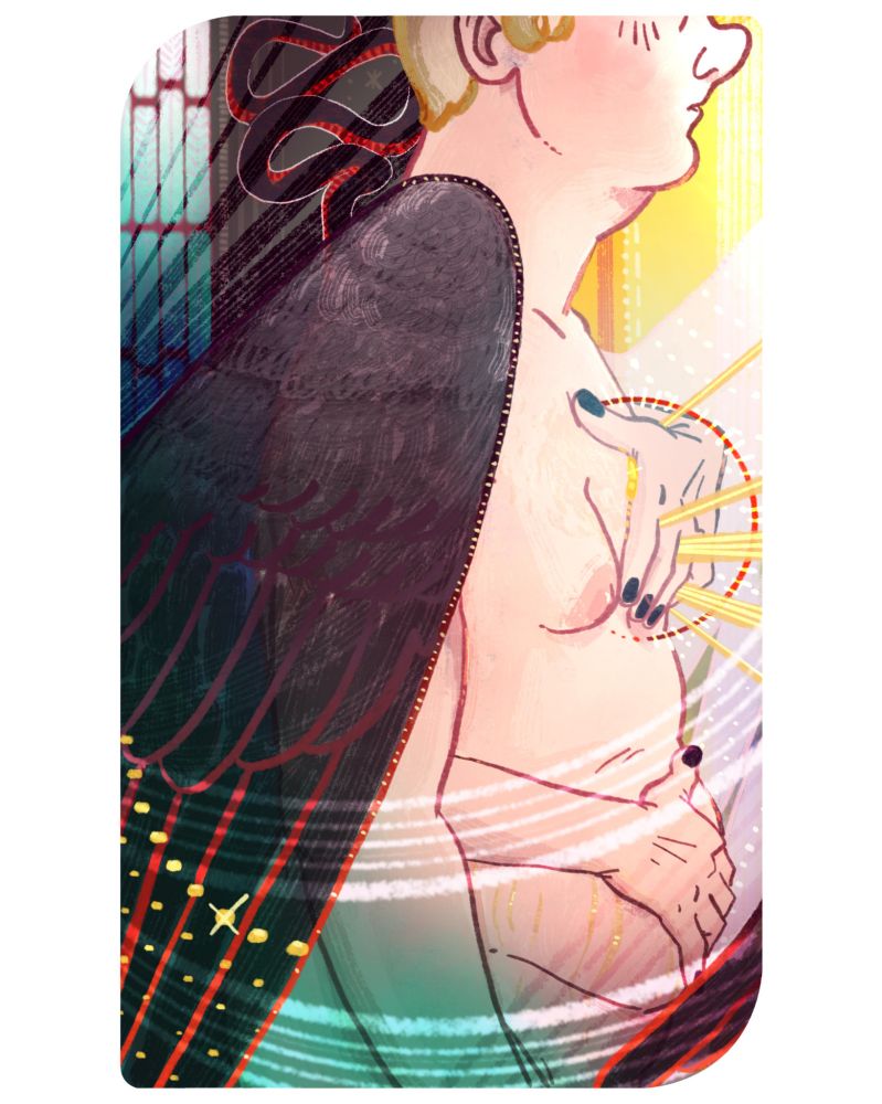 A drawing of Aziraphale in a tarot card style, with the top frame cutting off below his eyes. He is standing shirtless, as hands with black fingernail polish embrace him from behind, with beams of gold light shining through the fingers of the hand over his heart. A black wing outlined in red and speckled with stars is covering his shoulder, and the body of a black and red snake is slithering down the background behind him. This is based on the Blackwall romance card from the Dragon Age: Inquisition tarot deck.