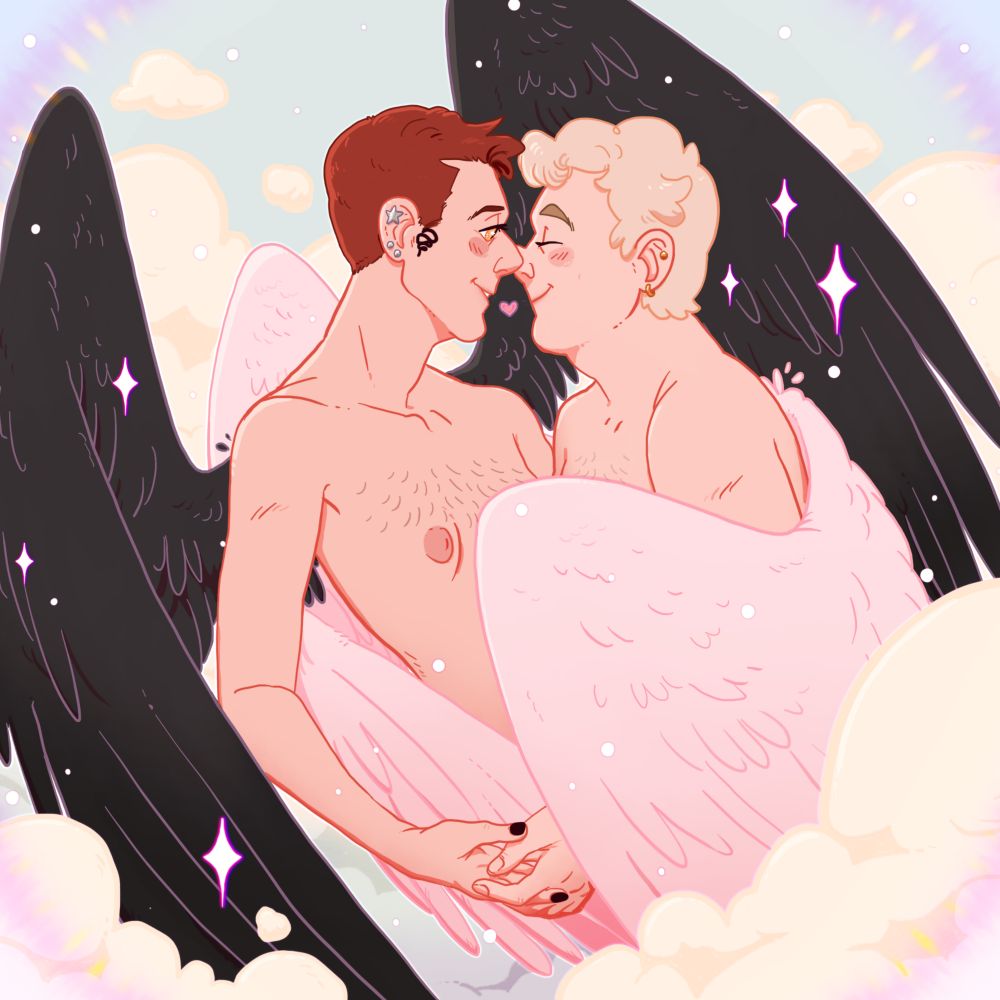 Aziraphale and Crowley are both topless, and up in the clouds, using their wings to embrace each other. They're holding hands, and their noses are touching. They're very happy, and are in love. (originally posted to other sites in December of 2022)