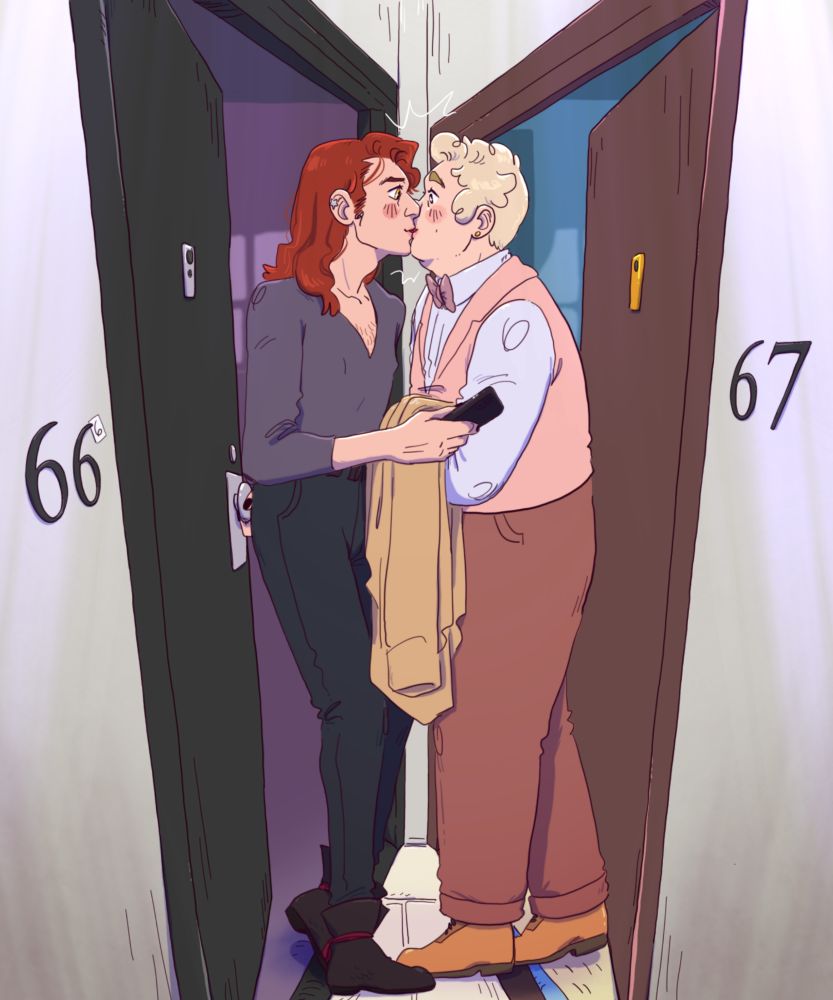A human AU meet cute in which Aziraphale and Crowley are neighbors living in an odd apartment, with their doors both very close together, facing each other on either wall of a corner. Crowley lives in 66 (with a small extra 6 stuck on to the end), and Aziraphale lives in 67. They've both stepped out into the hall at the same time, causing them to accidentally kiss. It's based on a real-life image of the doors with the caption "imagine walking out the door at the same time and you kiss on accident".