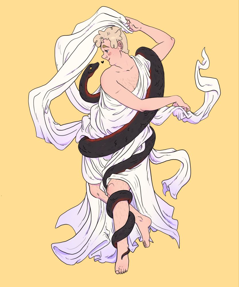 Aziraphale is dressed only in flowing, draping cloth, and is posed like he's dancing. Snake Crowley is wrapped all around his body, starting from his left foot, up to around his shoulders. They're looking each other in the eyes, and might smooch soon. The pose is based on the design on a neat little tea table I had seen at a nearby auction.