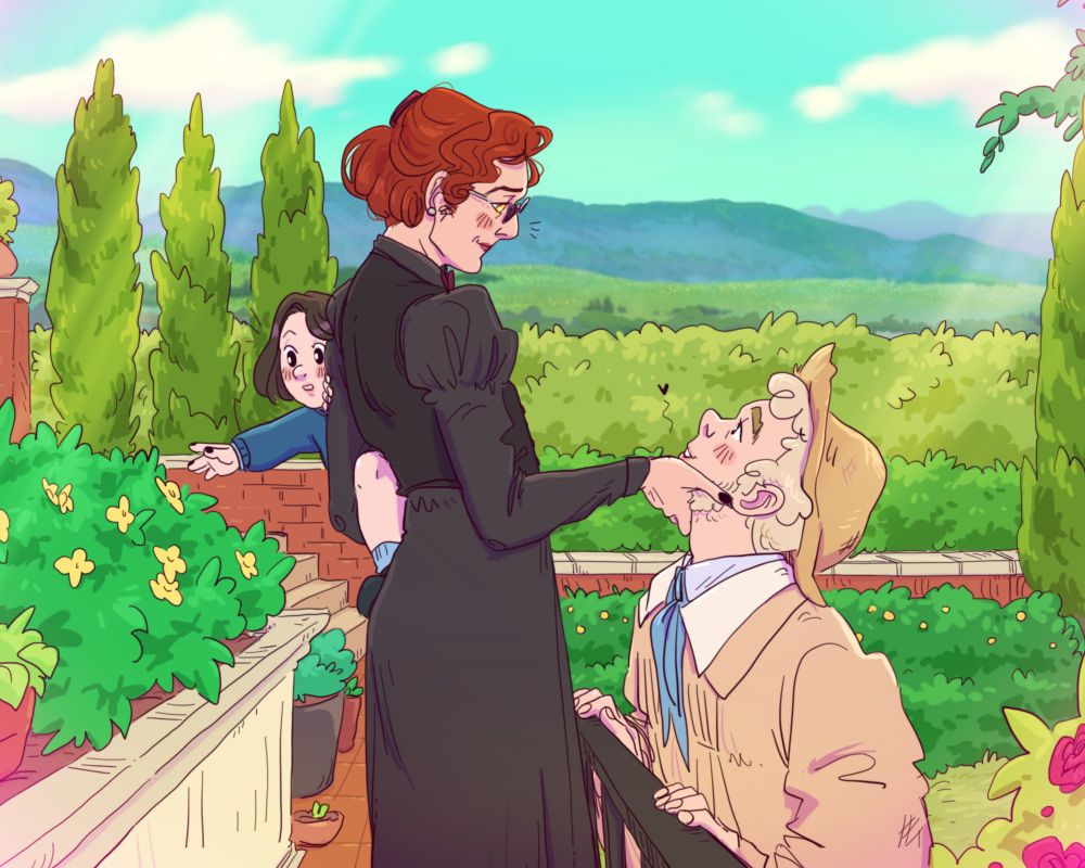 Aziraphale and Crowley are in the gardens of the Dowling's garden, as Brother Francis and Nanny Ashtoreth. Nanny is standing on a tiled walkway slightly above Brother Francis, and is holding a toddler Warlock in one arm, and Brother Francis' chin in the other hand. Warlock is reaching for a flower as Nanny and Brother Francis look into each other's eyes. They're very much in love.