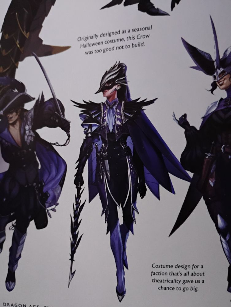 A picture from the Dragon Age: the Veilguard art book, of the concept art for Rook's Duelist's Coat armor. It's blue with many flourishes and shoulder feathers, and a cape made to look like larger feathers. The text states "originally designed as a seasonal Halloween costume, this Crow was too good not to build."