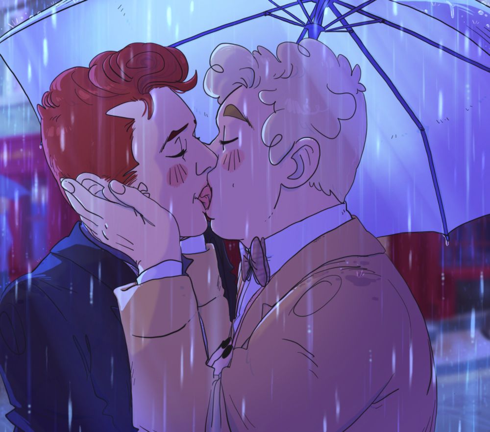 It's raining, and Aziraphale and Crowley are standing close together under an umbrella across the street from the bookshop. Aziraphale is holding Crowley's face with both hands, as they're kissing deeply. They're in love, and happy to be together.
