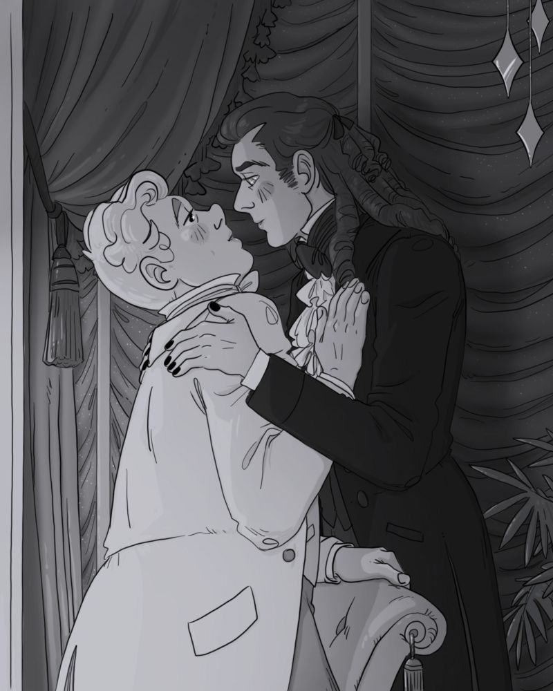 A black and white drawing of Aziraphale and Crowley, based on a scene from Camille (1936). They're dressed in men's clothes approximately for the 1840's, and Crowley has long hair in ringlet curls. Aziraphale is kneeling on a chaise, as Crowley is all but pulling him over the back. They're face to face and close enough to kiss, so Aziraphale's hand is on Crowley chest in restraint. They're terribly in love.