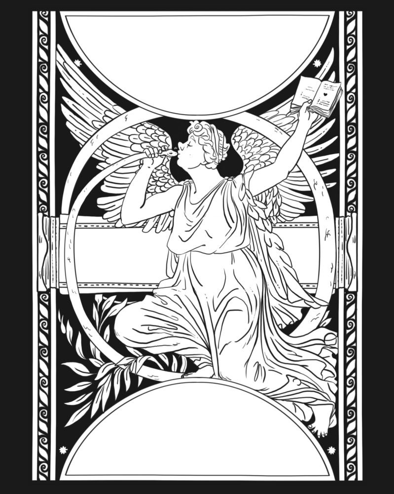 Aziraphale and snake Crowley are in an homage to the original Frankenstein book cover. Aziraphale is the angel, kneeling in his flowing gown with his wings outstretched, and he's holding an open book above his head. Crowley is in the place of the horn, his body wrapping in a loose circle around Aziraphale, as he's being held to Aziraphale's lips for a kiss.