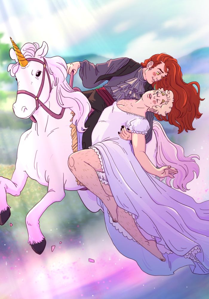 Aziraphale and Crowley are on a romance novel cover homage. Crowley is riding a unicorn, holding the reins with one hand, and Aziraphale with the other. Crowley is wearing a ruffled shirt with an open vest, and has long hair. Aziraphale is wearing a long flowing dress and bloomers. It's meant to look as though Crowley scooped Aziraphale up as he was riding by. Aziraphale is pretending to swoon, with one eye cracked to look at Crowley. They're having a great time.