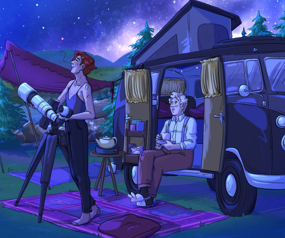 Aziraphale and Crowley are out in the wilderness, living out of a camper van. Crowley is standing and adjusting a telescope, as Aziraphale sits in the doorway of their van, with his cocoa and bunny slippers. They have rugs on the ground for comfort, a little teapot set up on a hot plate, and snacks and books tucked into the shelves on the van's door. Aziraphale is chiming in as Crowley talks about the stars. They're in love with the world, and each other.