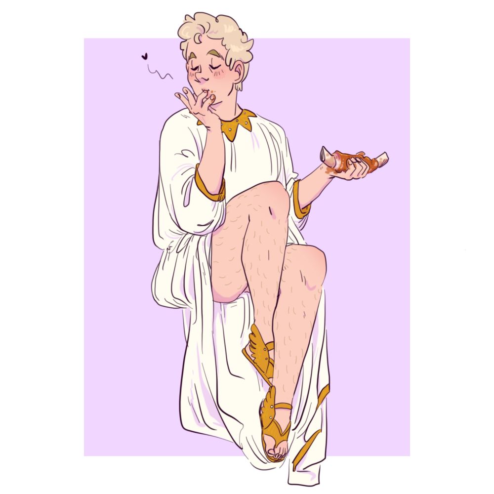 Aziraphale is in a seated pinup pose, with one foot tucked behind the other leg. He's wearing his Uz robes, pulled up to show off his legs and golden sandals fully. He's holding a bit of ox rib in one hand, and has the other up to his face to suck the tasty rib residue off his fingers. Absolutely delicious.
