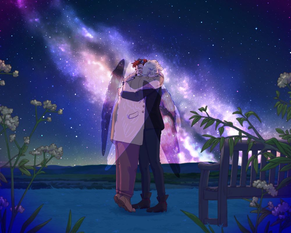 Aziraphale and Crowley are embracing on a hillside. There are plants and a bench in the foreground, and behind them is the night sky, with the Milky Way very visible and bright. Aziraphale is slightly on his tiptoes to put his arms over Crowley's shoulders, and Crowley's glasses are askew on top of his head. Their wings are translucent, and wrapped around each other. They're very glad to be together.