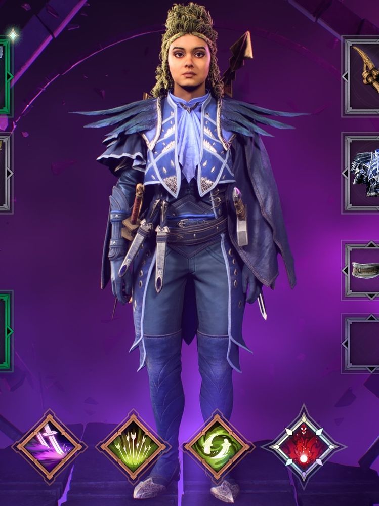 A screenshot of my Rook, Ammelie, wearing the Duelist's Coat armor. It's blue with many flourishes and shoulder feathers, and a cape made to look like larger feathers. She's visibly shorter than the model in the concept art.