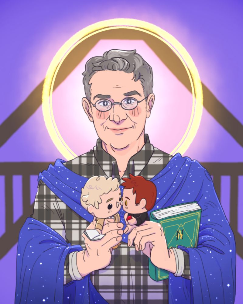 a drawing of Rob Wilkins, made to look like an image of a saint. He's draped in a starry blue blanket, has a ring of light around his head, and is holding the Nice and Accurate Prophecies in the crook on one arm. He's holding his Aziraphale and Crowley funkos and is making them kiss. It's based on his TIC appearance.