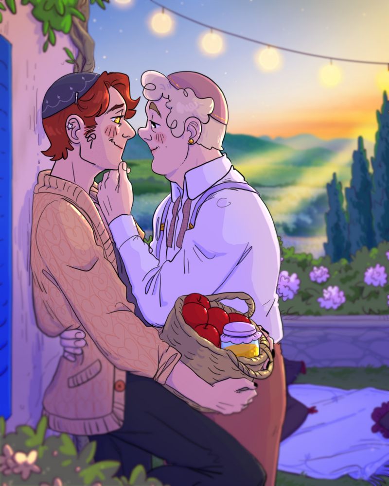 Aziraphale and Crowley have gotten distracted on their way to their sunset picnic. Crowley is wearing one of Aziraphale's cardigans and a dark blue kippah, and Aziraphale is wearing suspenders, with an untied bowtie and a pink kippah. Crowley is leaning back against their cottage, holding a basket full of apples and honey. Aziraphale is leaning in for a sweet kiss, with one hand gently holding Crowley's chin, and the other wrapped around his waist. They're in love, and are so happy to enter a new year together.