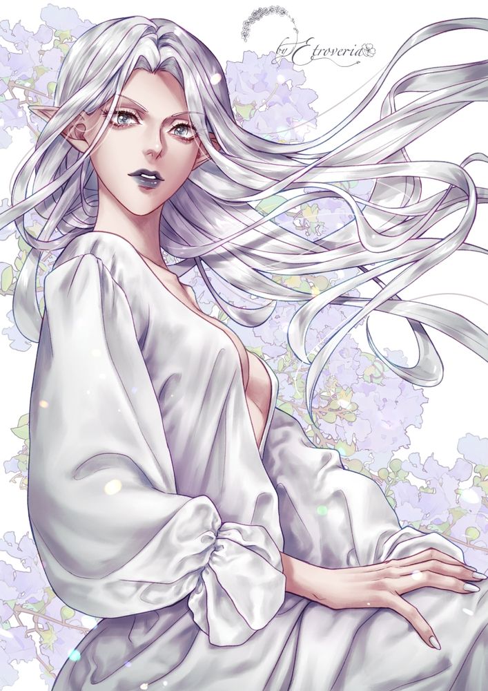 Fanart of Lady Iceheart/Ysayle from Final Fantasy XIV wearing a simple white dress, her hair flowing with purple flowers in the background.