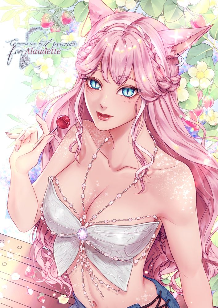 Commissioned art of a pink haired original Miqo'te character from Final Fantasy XIV, wearing top decorated by jewelries while holding a red lollipop, sitting on a bench with flowers and strawberries in the background.