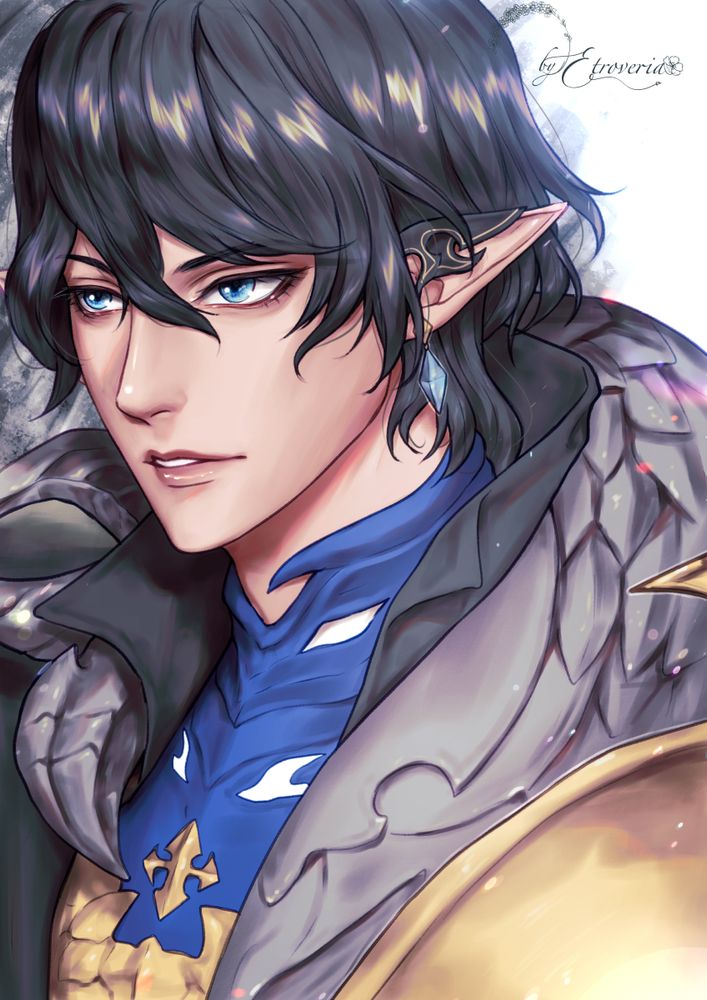 A bust-up fanart of Aymeric de Borel from Final Fantasy XIV on an abstract black and white background.