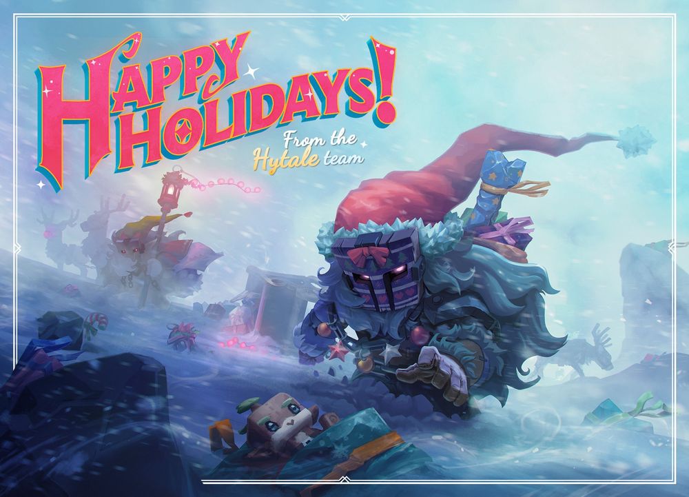 An illustration of a snowy environment featuring Hytale characters in a festive costumes and holiday themes.