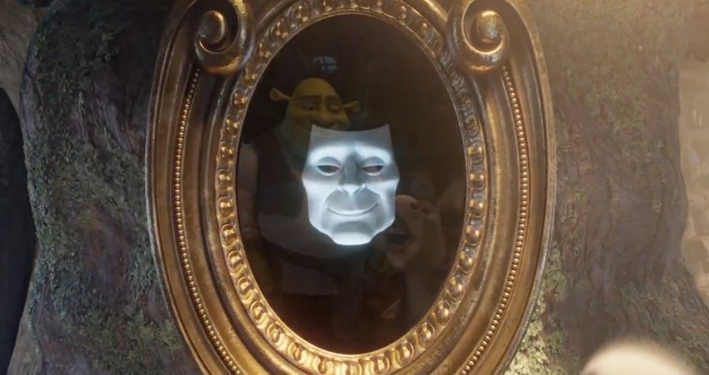 The Magic Mirror from Shrek 5: A white, chiseled face that looks like a full mask, trapped inside a mirror, while Shrek and Donkey look on
