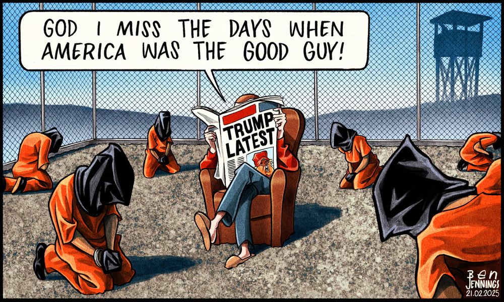 Guardian cartoon, Ben Jennings.
Scene, Guantanamo Bay illegal detention and torture camp.
Caption: "God, I miss the days when America was the good guy!"