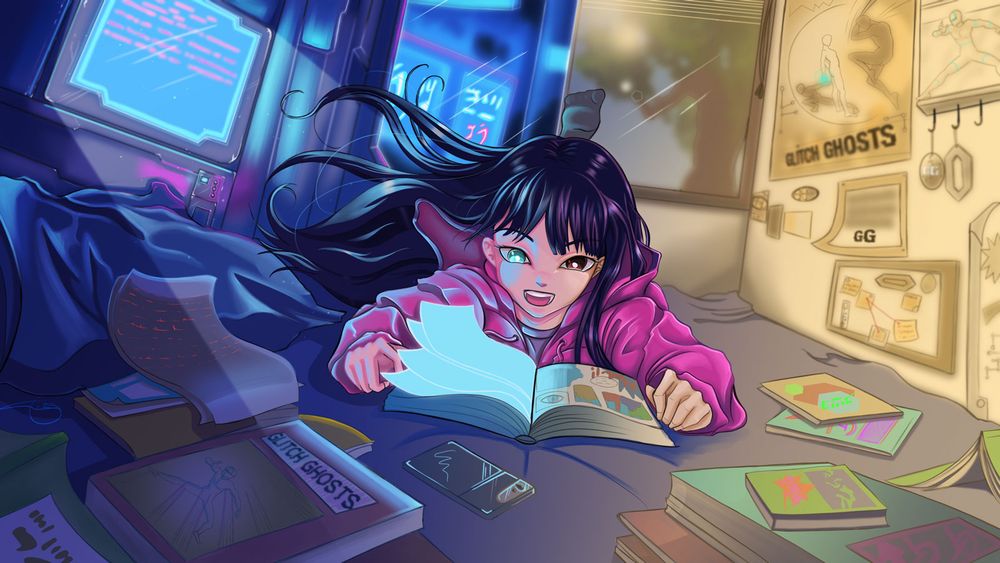Girl in a pink hoodie on her bed, reading a comic. The image is divided in two down the centre. One half of the image is the girl's bedroom with posters and merch from her favourite comic. The other half represents the exciting world the comic is transporting her to. It has darker colours and her hair is depicted as moving.