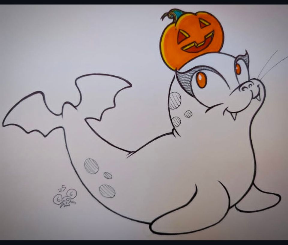 A ballpoint pen drawing of a seal with fangs and a pumpkin on her head