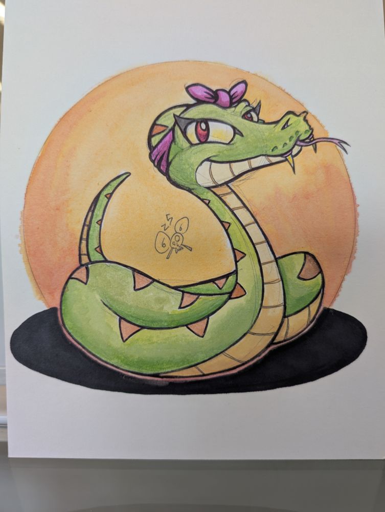 A watercolor painting of a snake with a pink banana on her head. 