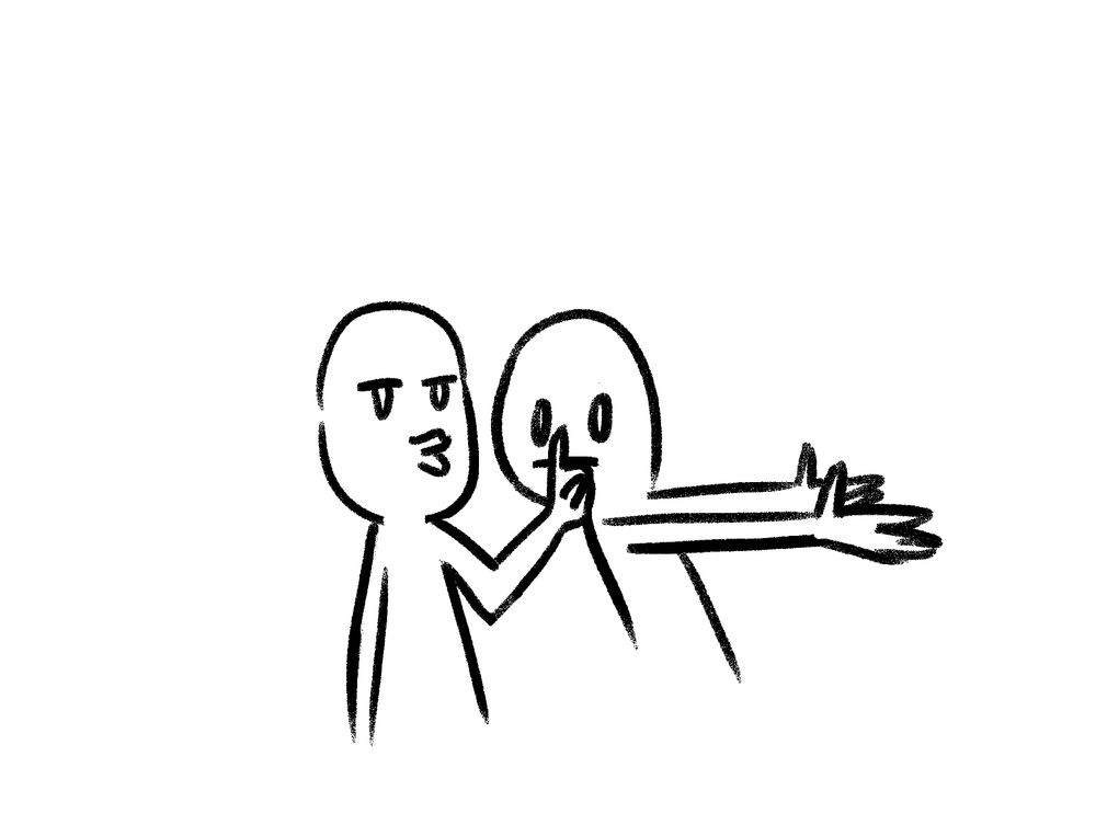 The other man makes a "shush" gesture, placing his finger on the first one's lips to silence them.