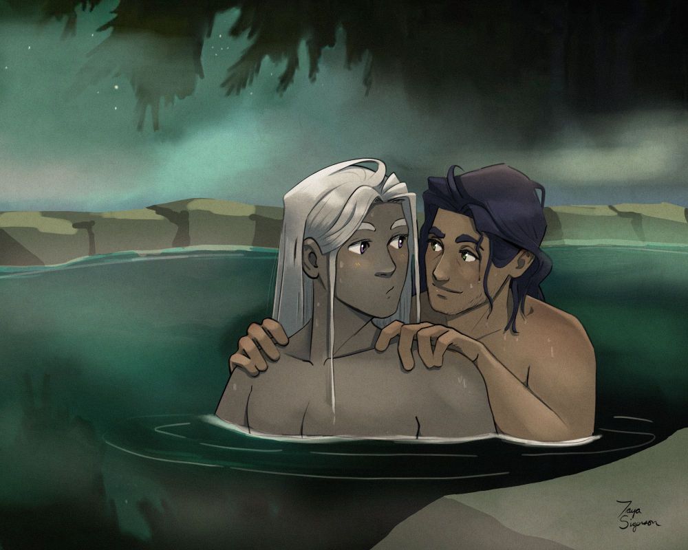 Moros and Odysseus from Hades 2 in a hot spring. Odysseus has his hands on Moros' shoulders.