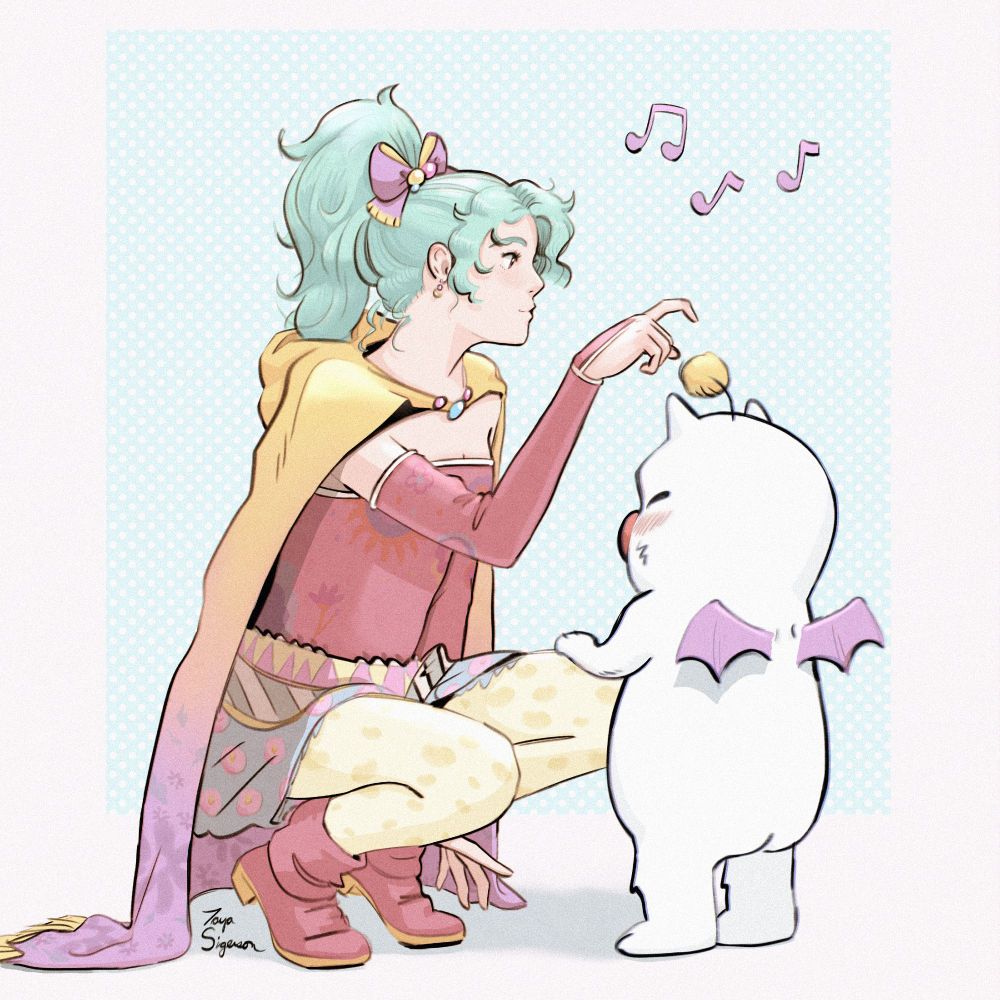 Terra Branford from Final Fantasy 6 about to touch Mog's puffball on his head