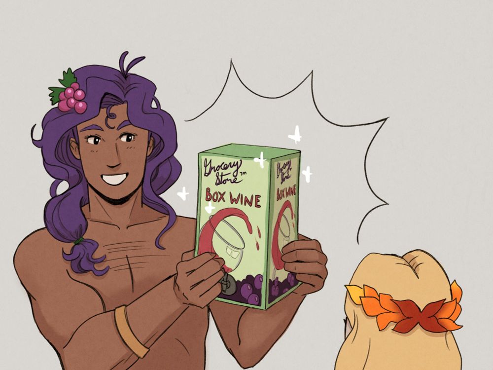 Dionysus holds the box with a smile on his face