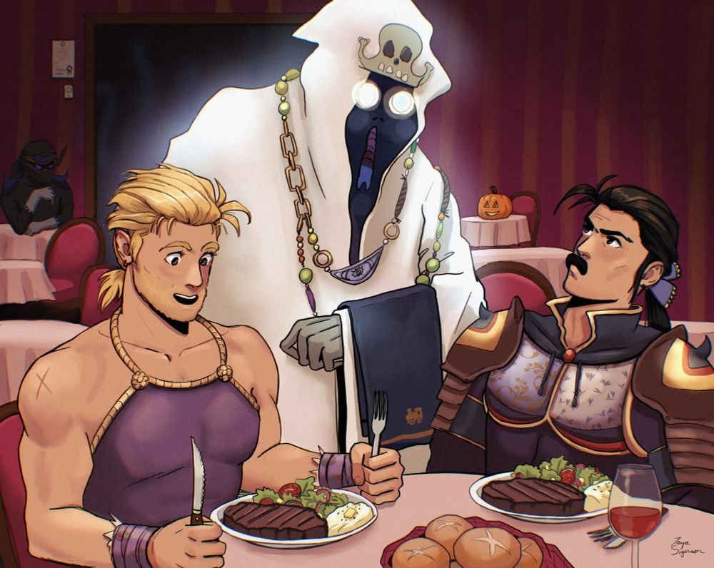 Sabin and Cyan from Final Fantasy VI sit at a table with plates of steak and salad. A ghost waiter looms over them. 