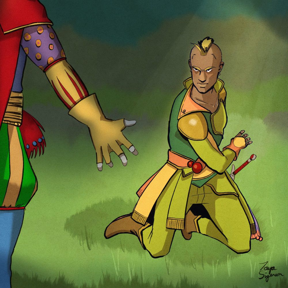 General Leo from Final Fantasy VI facing off against Kefka, about to do something cool.
