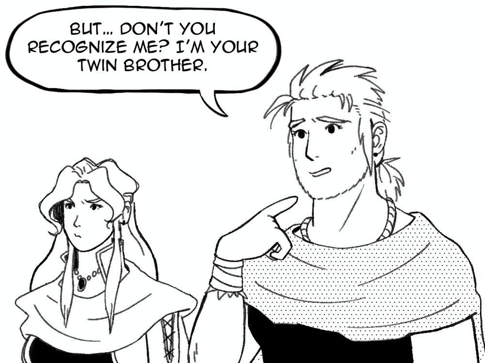 A comic panel with Celes and Sabin from Final Fantasy 6. Sabin is saying to someone off-panel, "But... don't you recognize me? I'm your twin brother."