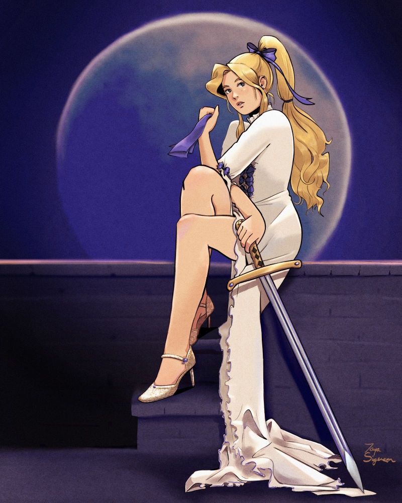 Celes Chere from Final Fantasy 6 sitting on steps, wearing her Maria dress and holding a sword.