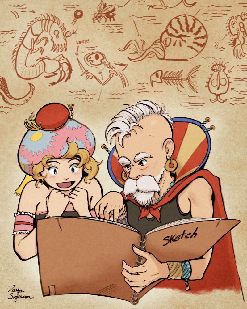 Relm and Strago from Final Fantasy VI looking through an old sketchbook with sketches of monsters around them 