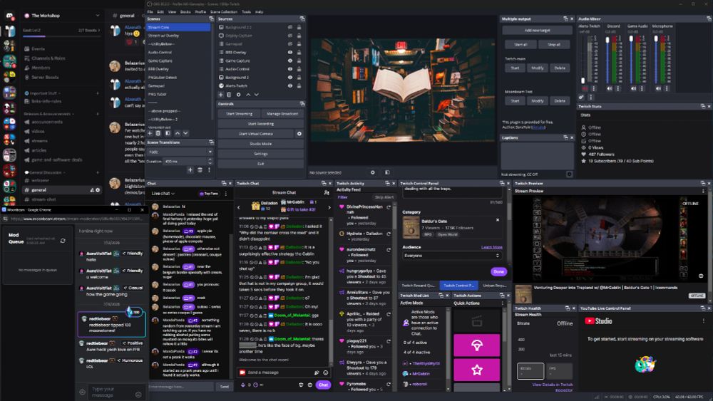 Second monitor setup showing OBS, all its docks, and a few other bits of information.