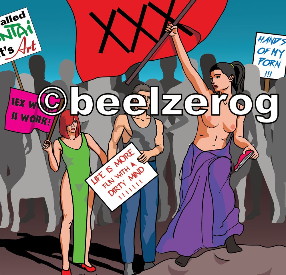 Cropped image of original artwork inspired by "Liberty Leading the People", with a topless woman in a purple dress holding a red flag with the black "XXX" text on it. She is ahead of several people carrying signs such as "Hands off my Porn!!", "Life is more fun with a dirty mind!!!!!", "Sex Work is Work" and a cropped off "It's called Hentai and It's Art" sign.