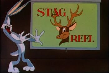 Bugs Bunny reacting in surprise to a film projection that says "Stag Reel" with an image of a male deer. The joke being that "Stag Reels" are old pornographic films usually shown at Bachelor Parties, also known as "Stag Do's"