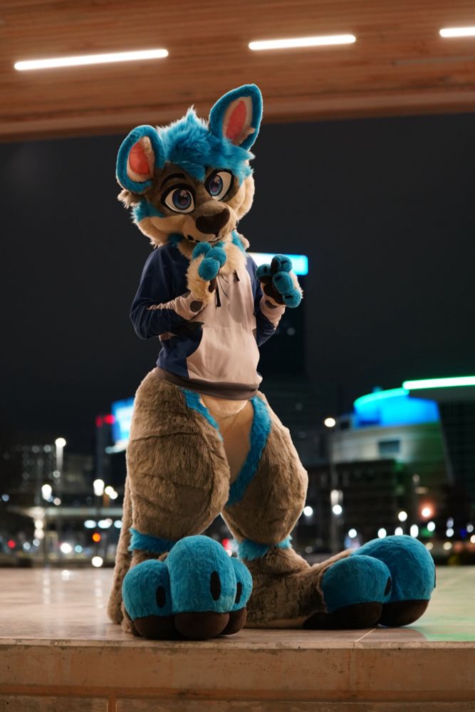 Fursuiter posing on outdoor stage. City skyline in background during night hours. 