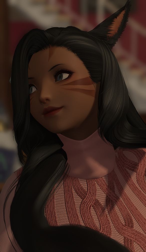 A Miqo'te woman with brown skin and black hair.