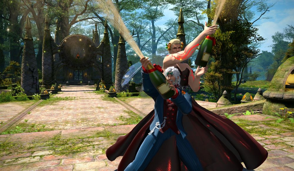 Cid and Nero being absolute gremlins with bottles of Realm Reborn Red.