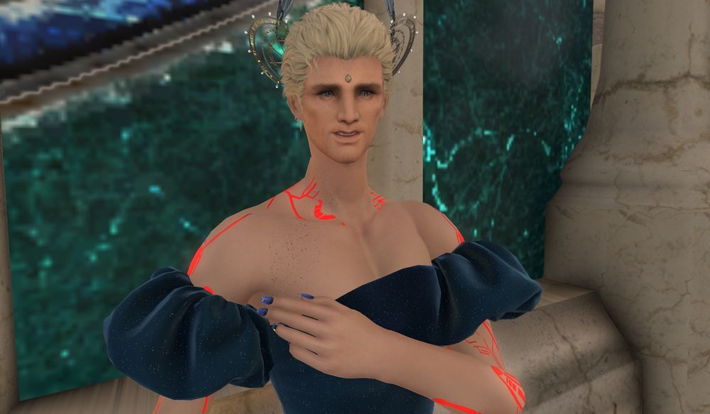 Close up on Nero in a beautiful dark blue princess dress.