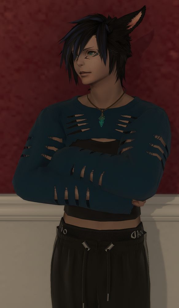 A Miqo'te man with black and blue hair and pale skin.