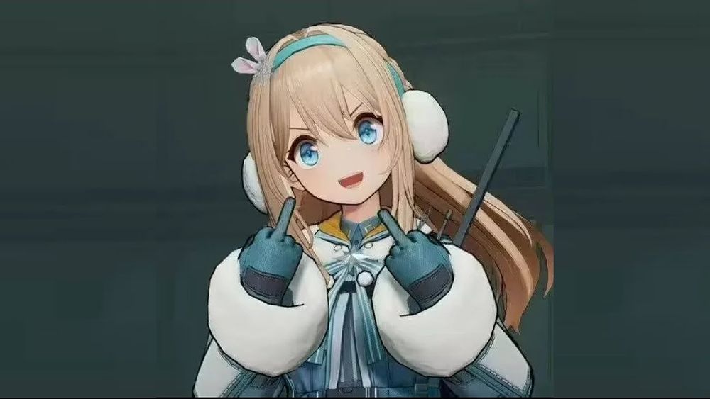A picture of Suomi from GFL2, photoshopped to have her giving the middle finger on both hands and comically angry eyebrows.