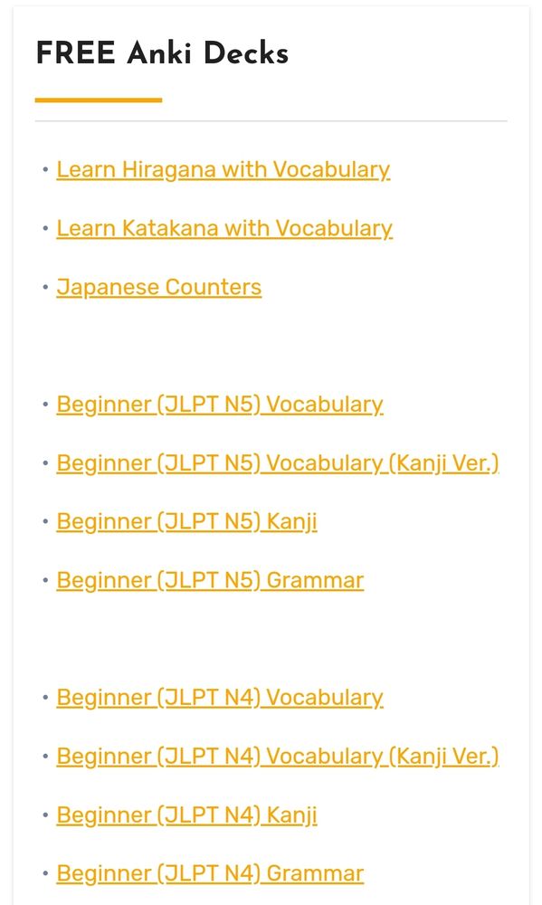 List of free Anki decks made by JTalkOnline for JLPT N4 and N5 vocabulary, kanji, and grammar.
