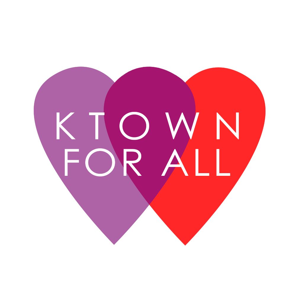 A graphic of the Ktown for All logo. Two intersecting hearts, one purple and one red, with "KTOWN FOR ALL" in white text over them.