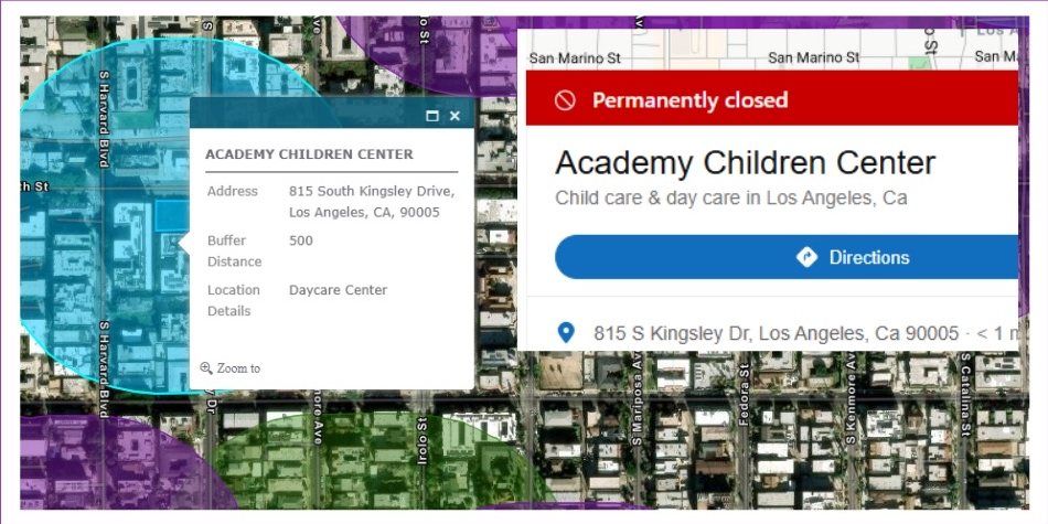 A screenshot of the web UI for the LA 41.18 map. It shows a red banner stating "Permanently closed" over the Academy Children Center, yet the blue circle around it still contributes to the "disallowed" area in the map provided to the volunteer experiencing homelessness.